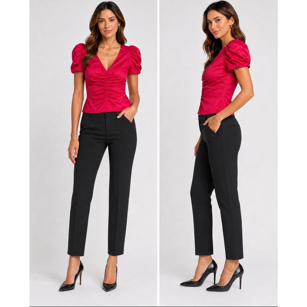Do+Be Fuchsia Ruched Puff Sleeve Top Corset Bodice V Neck Blouse Medium NWT